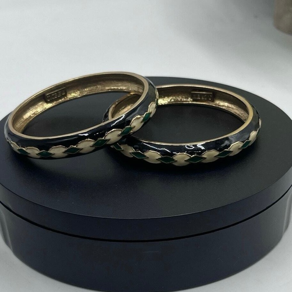 J. Crew Vintage 90s Enamel Black White Green Statement Bangle Bracelet Set